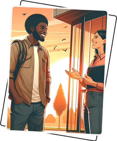 a drawing of a man and a woman talking and smiling